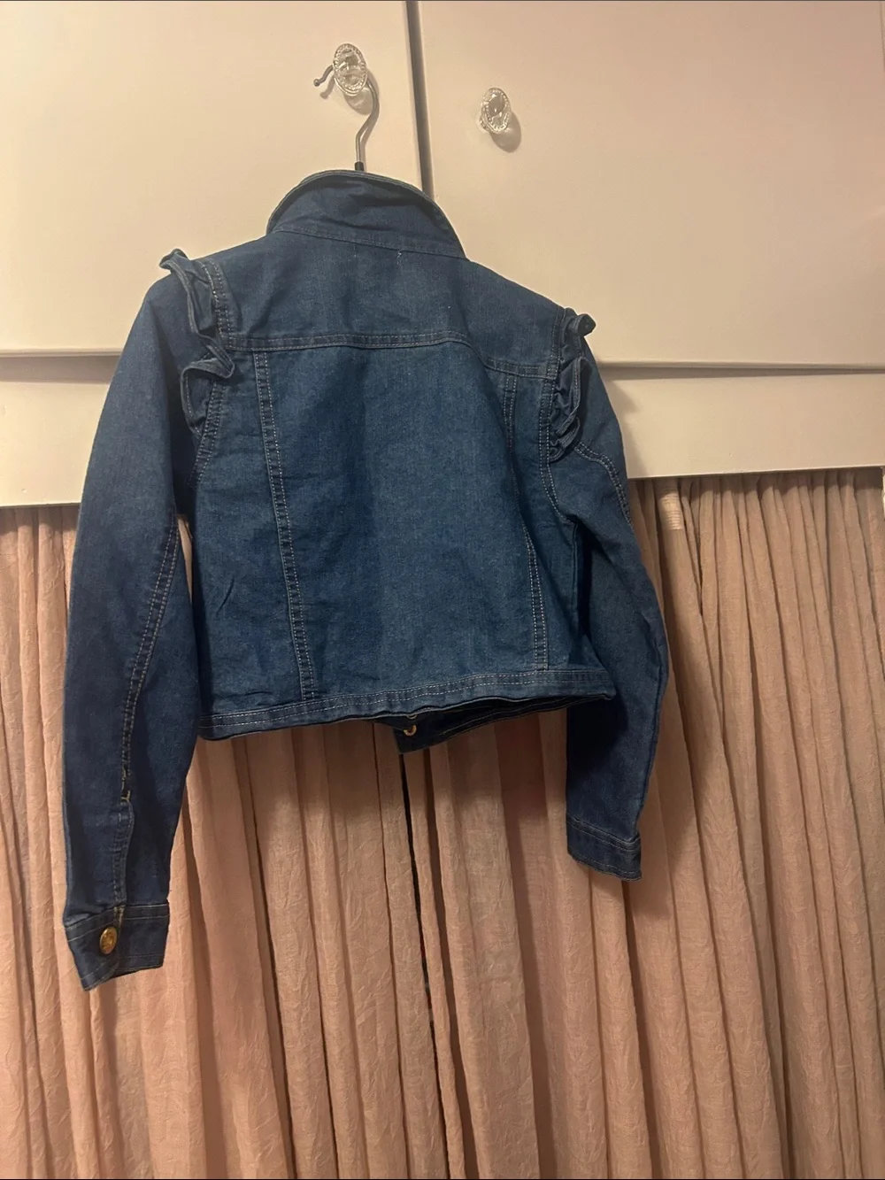 Nanette Lepore Blue Denim Jacket with Gold Buttons and Ruffle Shoulders